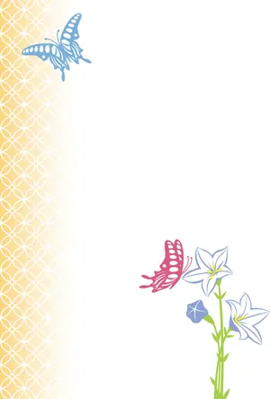 縦書き・蝶蝶・花柄デザイン2の喪中はがき背景画像（文字なし）