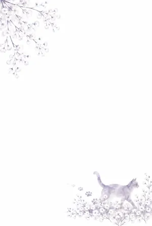 縦書き・かすみ草の中を歩く猫のシルエットデザインの喪中はがき背景画像（文字なし）