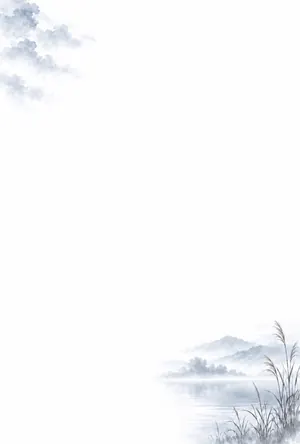 縦書き・朝霧に霞む湖畔の風景デザインの喪中はがき背景画像（文字なし）