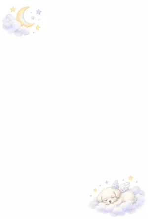縦書き・天使の羽で眠るかわいい子犬のイラストデザインの喪中はがき背景画像（文字なし）