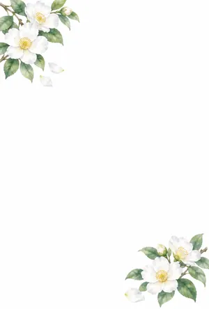 縦書き・白い山茶花（さざんか）の水彩デザインの喪中はがき背景画像（文字なし）