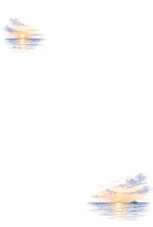 縦書き・夕暮れの海と小舟の年賀状じまいデザインの喪中はがき背景画像（文字なし）