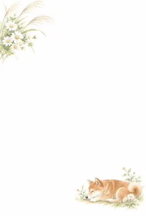 縦書き・野の花のそばで眠る柴犬デザインの喪中はがき背景画像（文字なし）