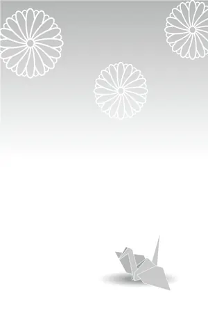 縦書き・モノクロ(白黒)菊・折り鶴柄デザインの喪中はがき背景画像(文字なし)