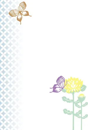 横書き・菊と蝶々柄デザインの喪中はがき背景画像（文字なし）