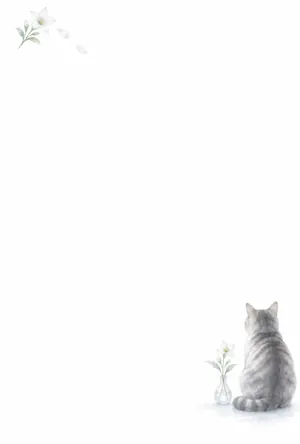 横書き・一輪挿しと猫の後ろ姿の水彩デザインの喪中はがき背景画像（文字なし）
